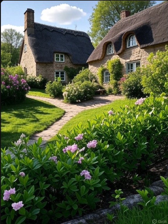 Thatched roof stone cottage with winding garden path and pink flowering shrubs