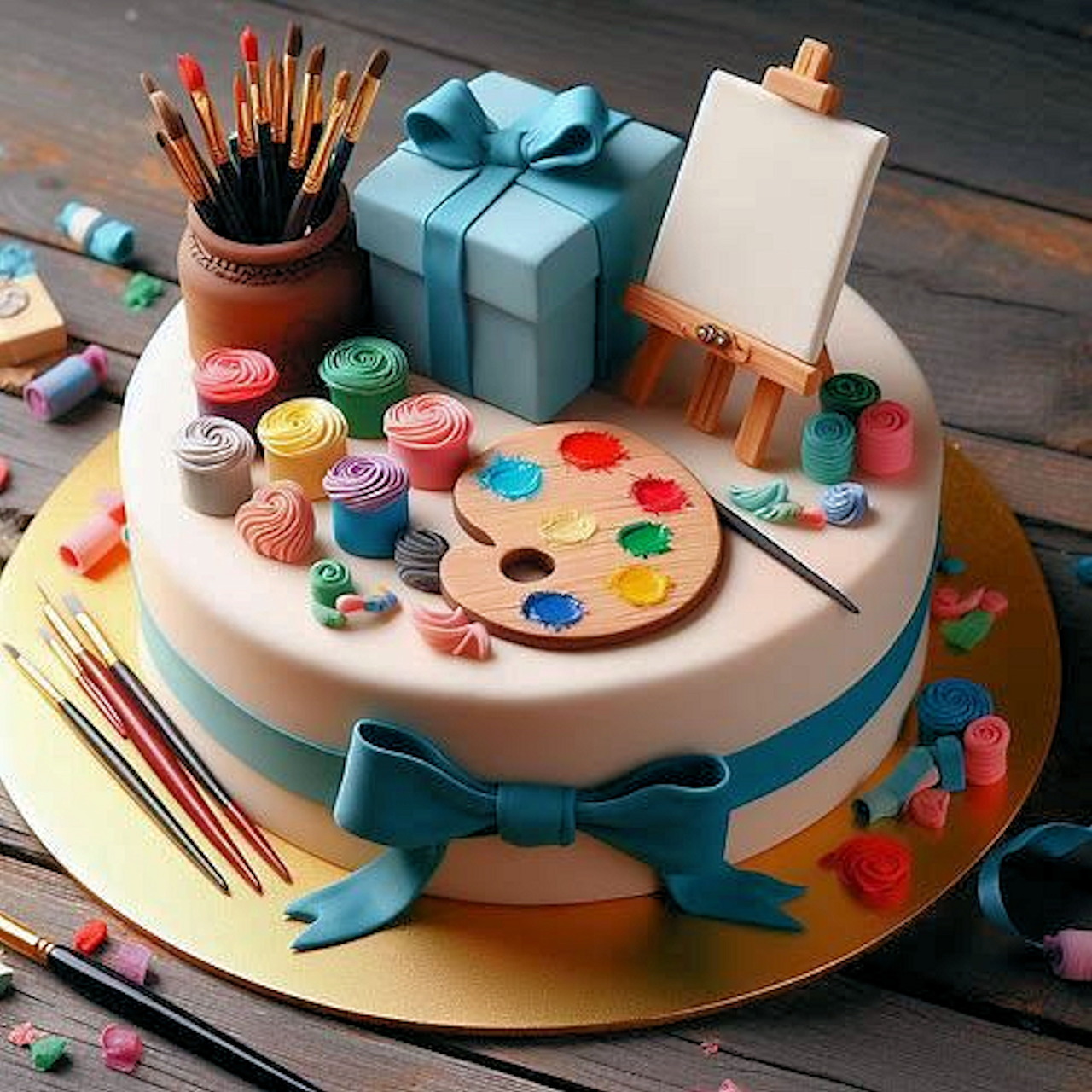 Birthday cake decorated with edible art supplies including palette, brushes, easel, and gift box