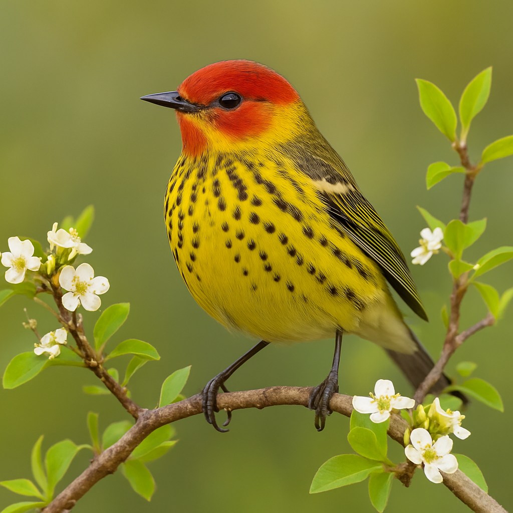 Yellow songbird with red head and black spots perched on branch with white flowers