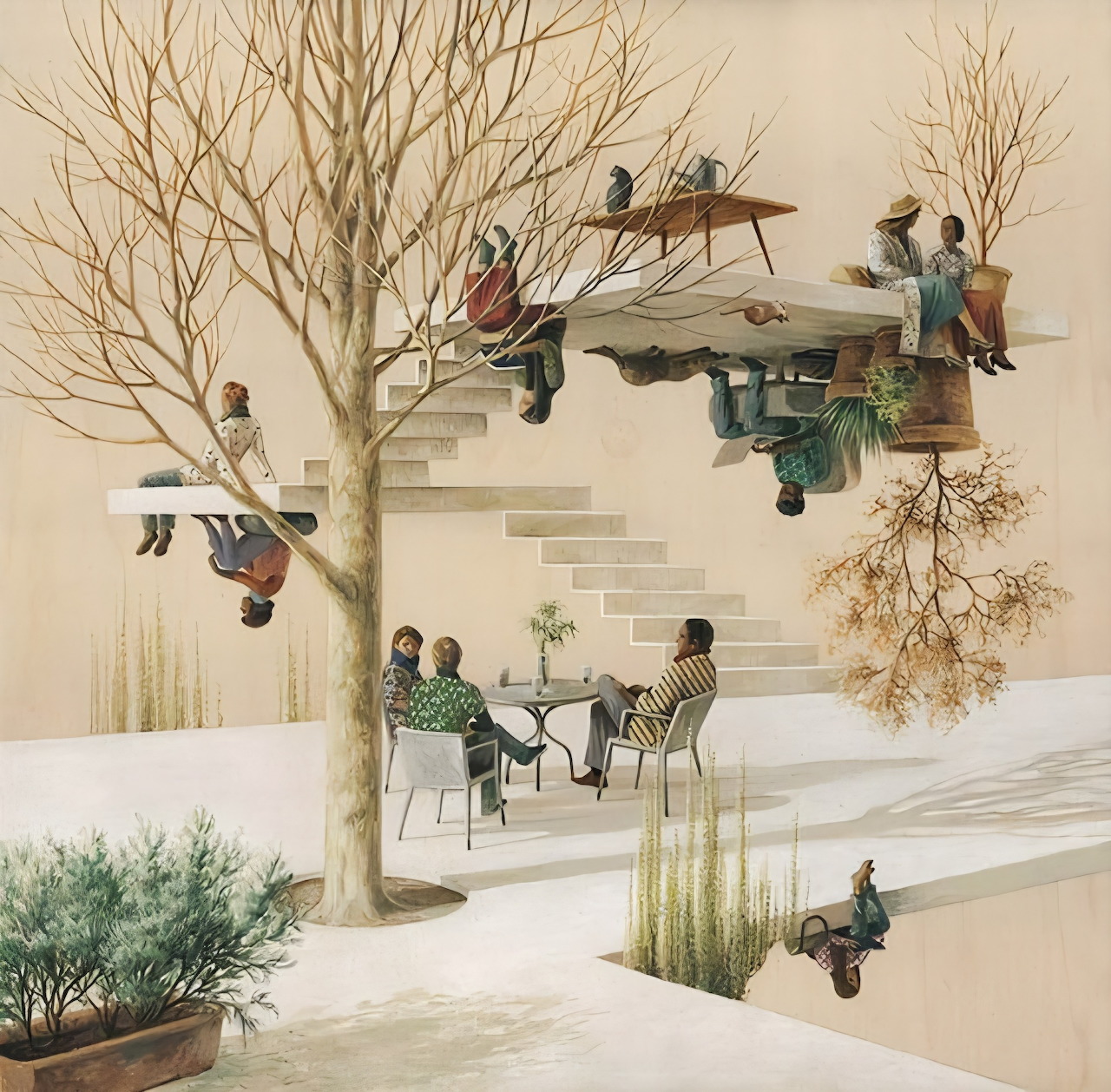 Surreal painting of people on gravity-defying staircases and platforms with floating trees in neutral tones