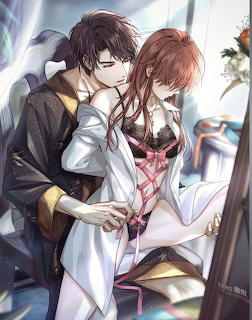 Anime illustration of a man in dark clothing embracing a woman in a white dress with pink accents