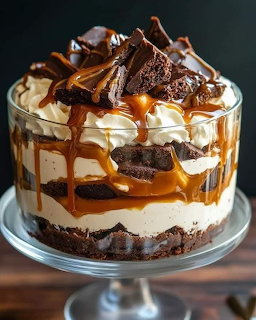 Layered chocolate trifle with caramel sauce and whipped cream topped with chocolate shavings in glass bowl