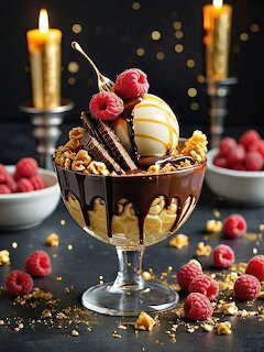 Ice cream sundae with vanilla scoops, chocolate sauce, raspberries and nuts in glass bowl with candles