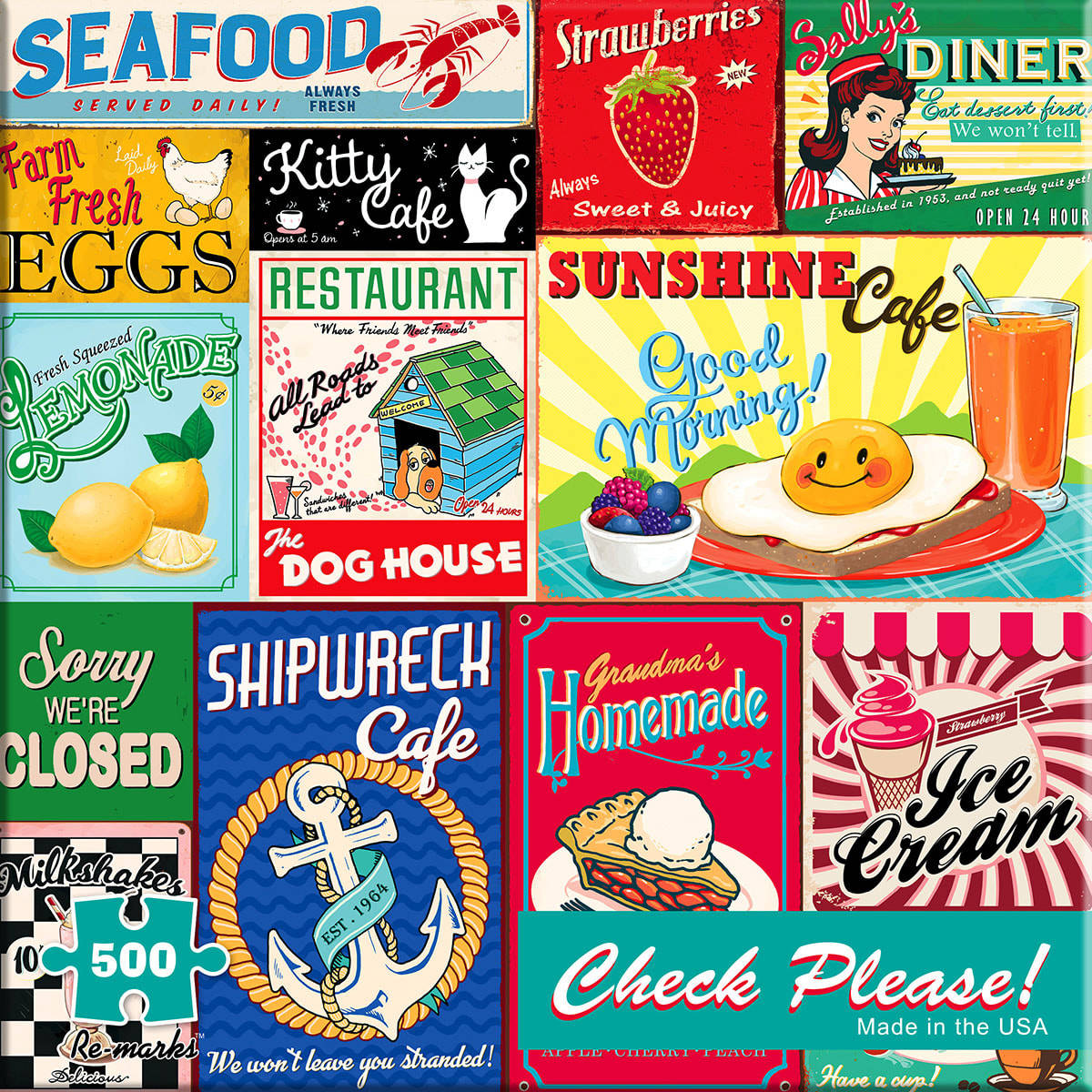 Collage of vintage American diner and restaurant signs with retro typography and bright colors