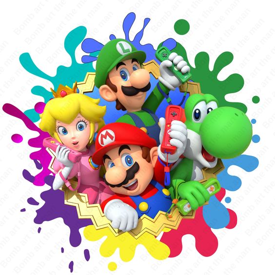 Mario, Luigi, Peach, and Yoshi with colorful paint splashes