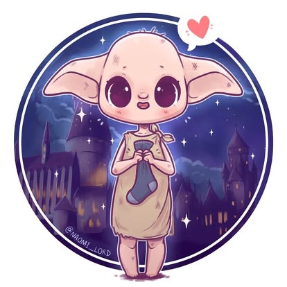 Chibi house elf with big ears holding a sock, castle and starry sky behind, red heart above