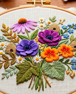 Colorful floral embroidery in a wooden hoop with purple, orange, and pink flowers on linen