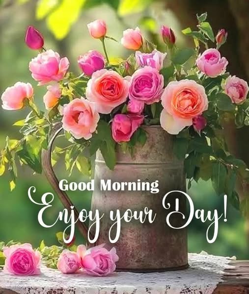Rustic metal jug filled with pink and peach roses with a Good Morning greeting text