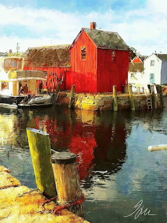 Red fishing shack on stilts in harbor with wooden pilings and boat reflections