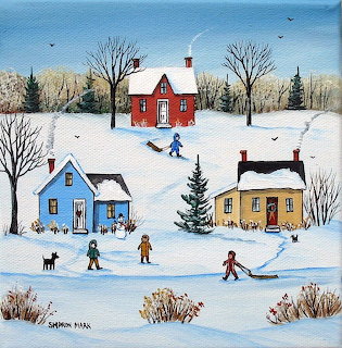 Folk art winter village with red, blue, and yellow houses, people skating on snow, trees and blue sky