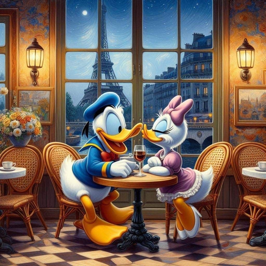 Donald and Daisy Duck at a café table with Eiffel Tower view through window