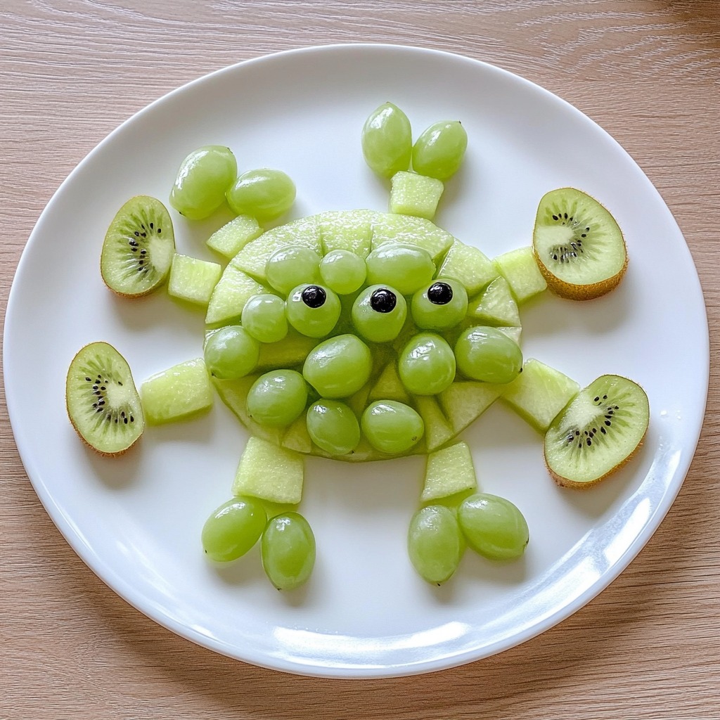 Octopus shaped fruit arrangement with grapes and kiwi on white plate