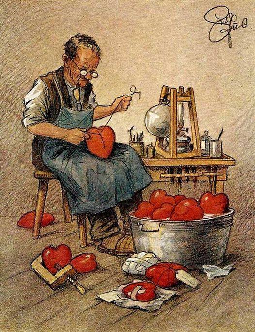 Elderly cobbler sitting at workbench sewing red heart cushions with tools and materials around him