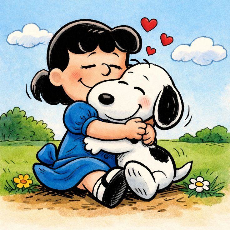 Lucy hugging Snoopy in a field with hearts and flowers