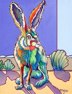 Colorful painted jack rabbit with large ears sitting among desert cacti on purple and tan ground
