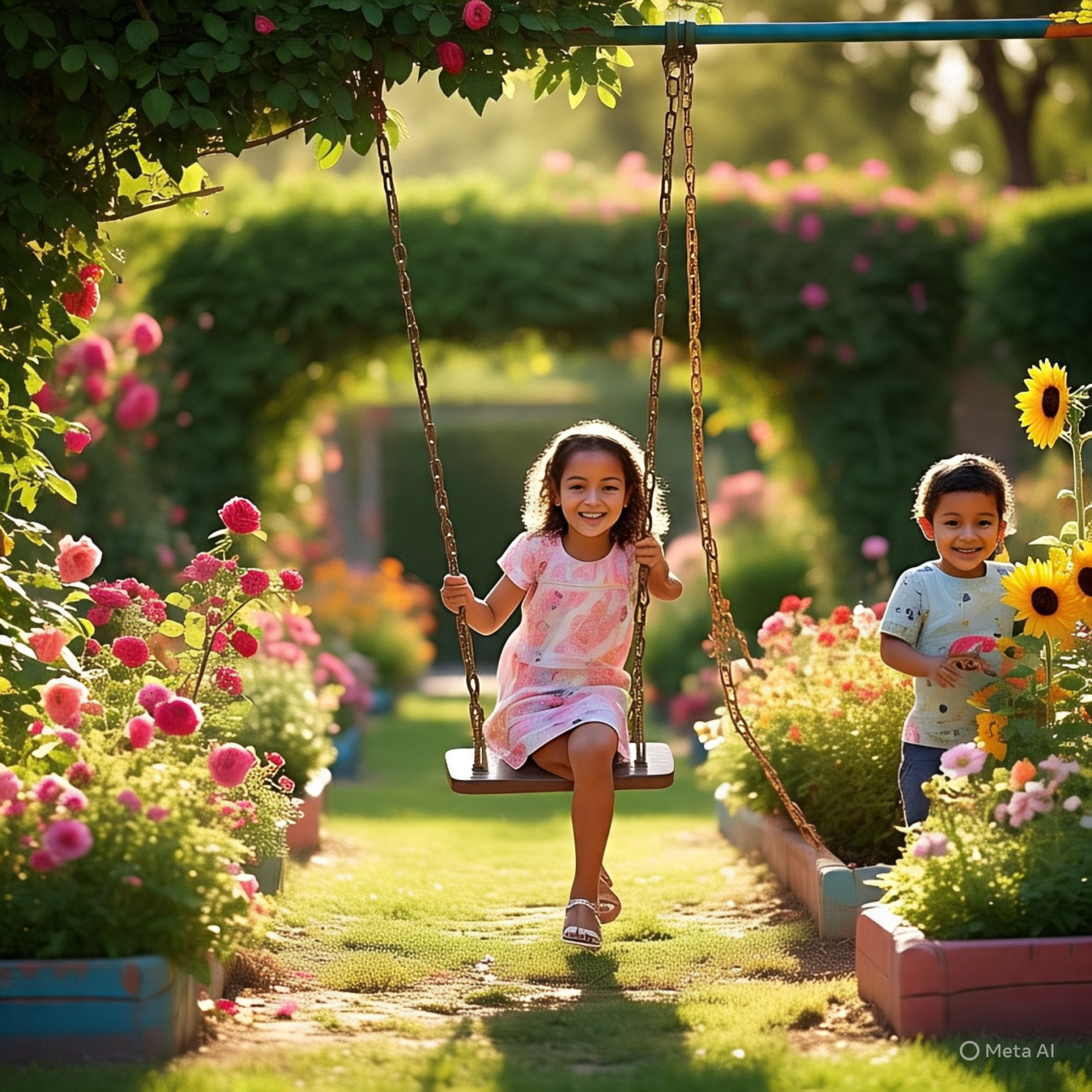 Girl on swing and boy with sunflower in blooming garden