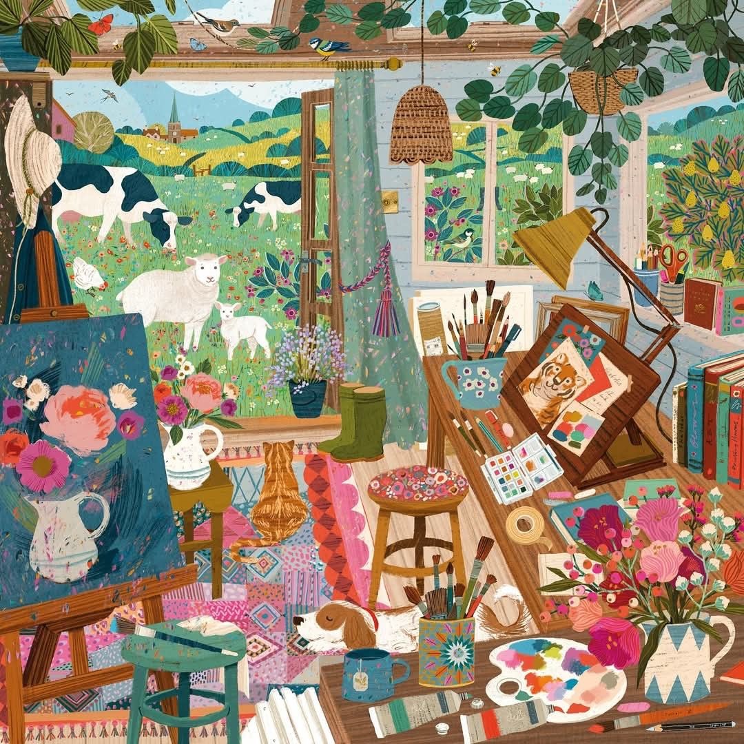 Colorful illustration of a clutered artist studio with paintings, flowers, a cat, and a view of cows in a green garden