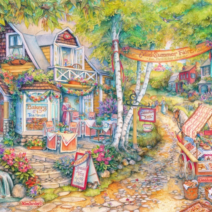 Watercolor painting of a rustic village bakery with flowers, cobblestone path, and colorful summer garden