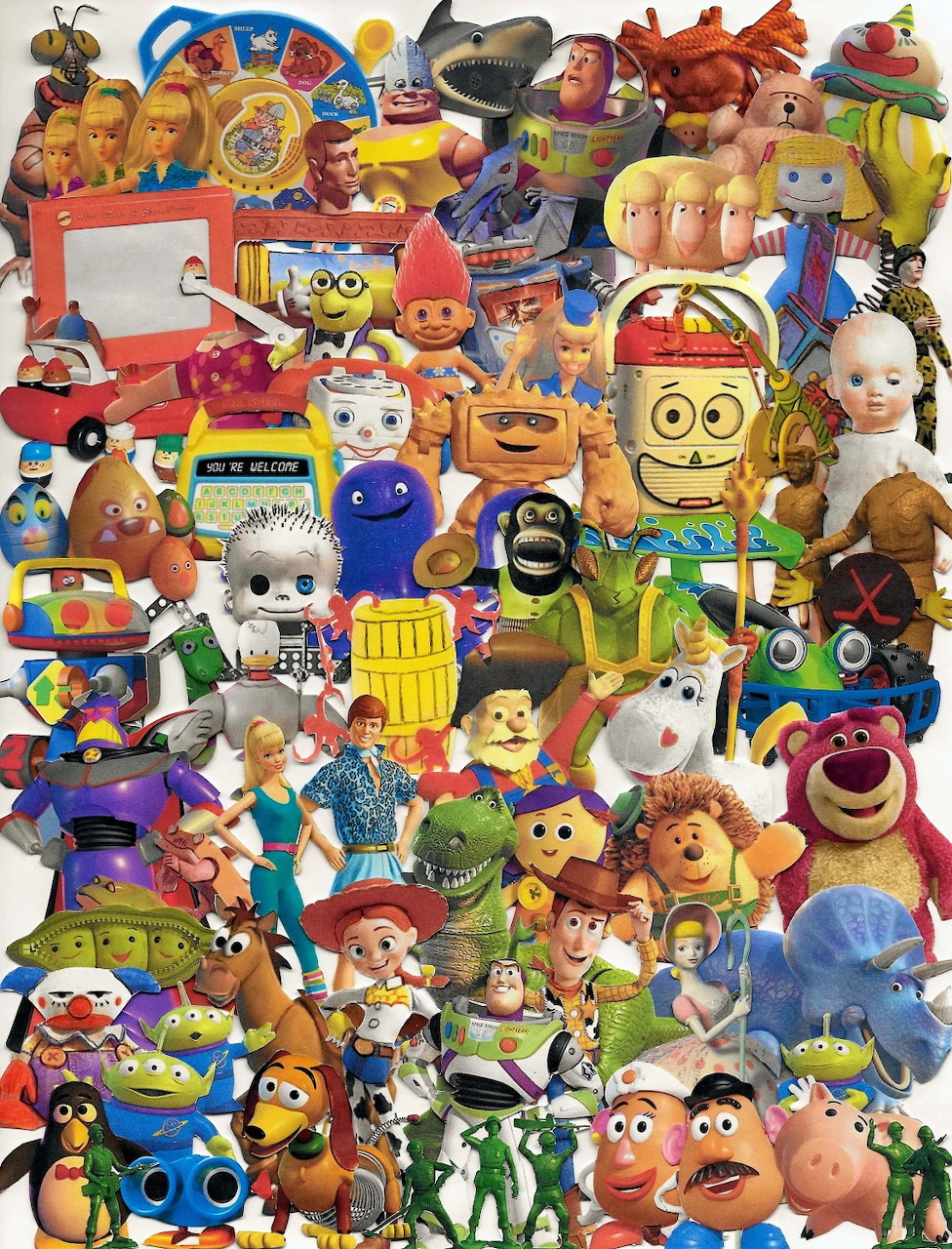 Dense collage of Toy Story characters including Woody, Buzz Lightyear, Jessie, and many other toys from the Pixar movies