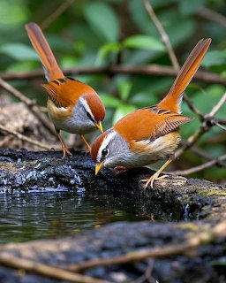 Two small brown and gray birds standing on a log beside water