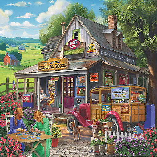 Vintage country general store with yellow truck, flowers, and rural landscape