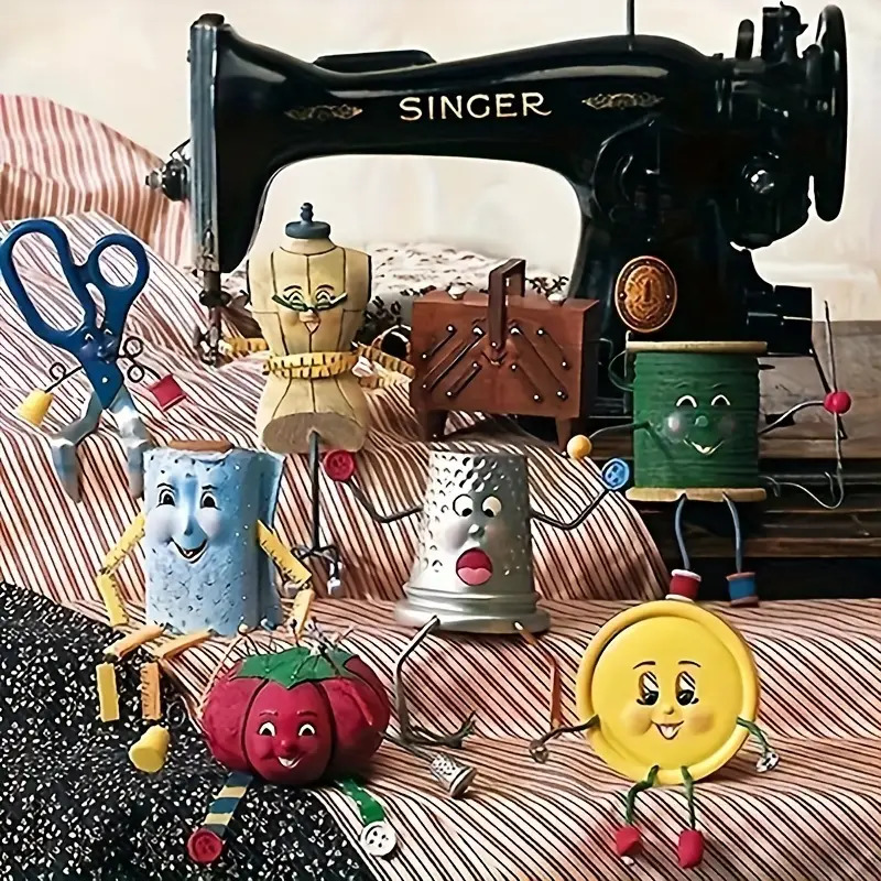 Black Singer sewing machine with cute smiling thread spools and sewing supplies on striped fabric