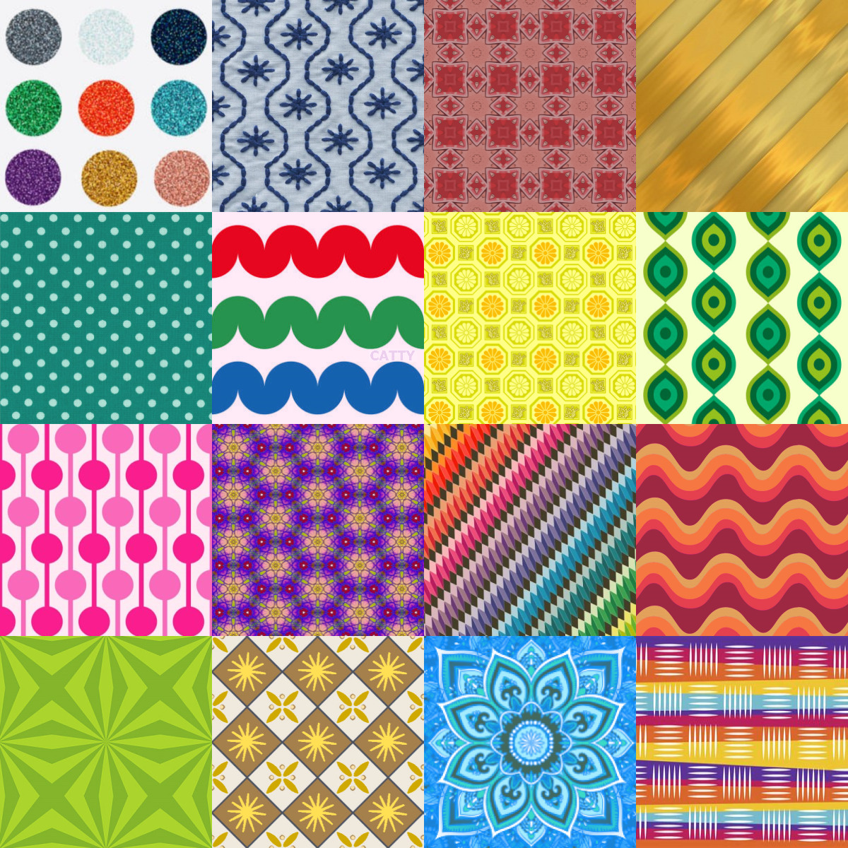 Grid of 20 colorful patchwork squares with various patterns including dots, stripes, waves, and floral designs