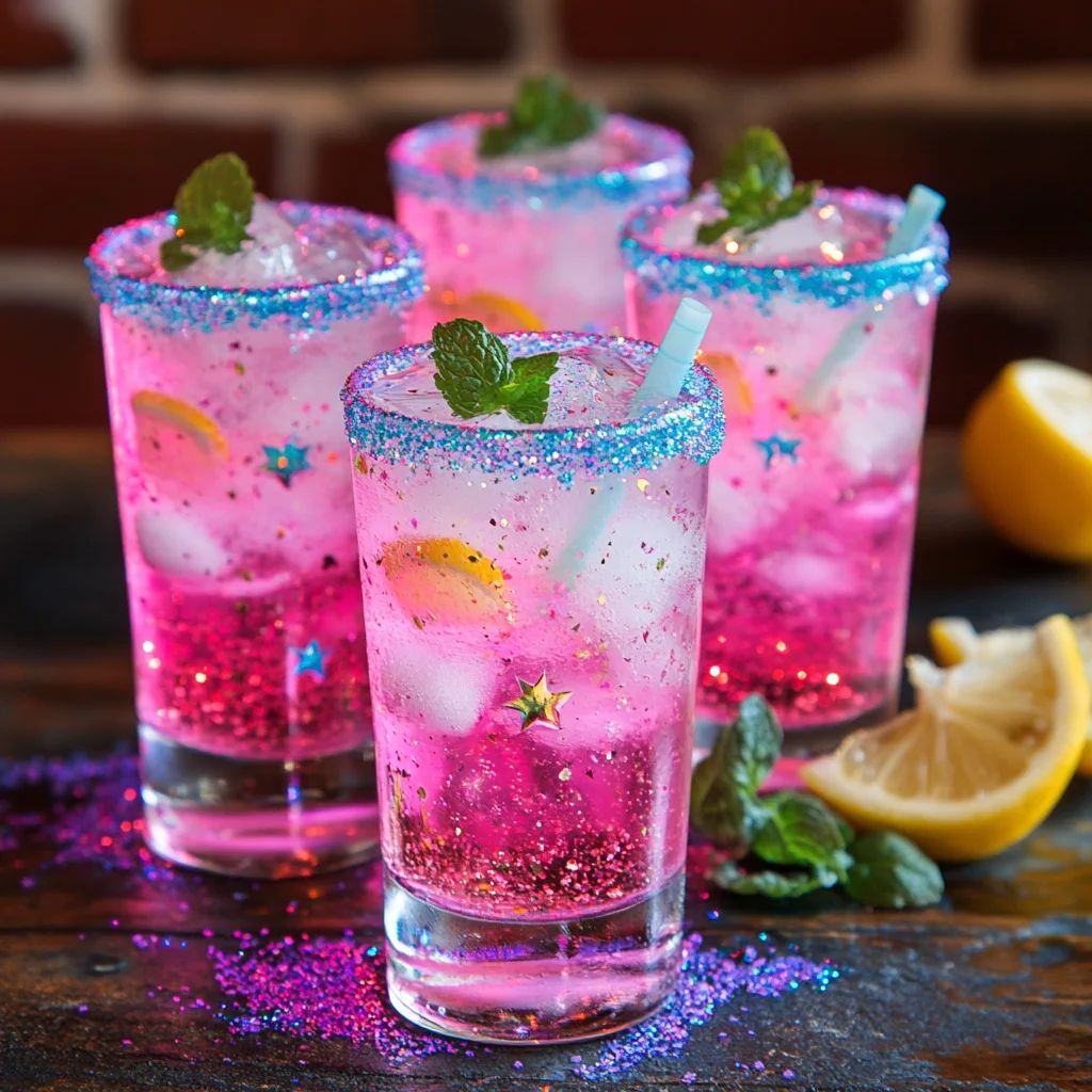 Four pink sparkling cocktails with blue sugar rim and mint garnish on wooden table with lemon slices