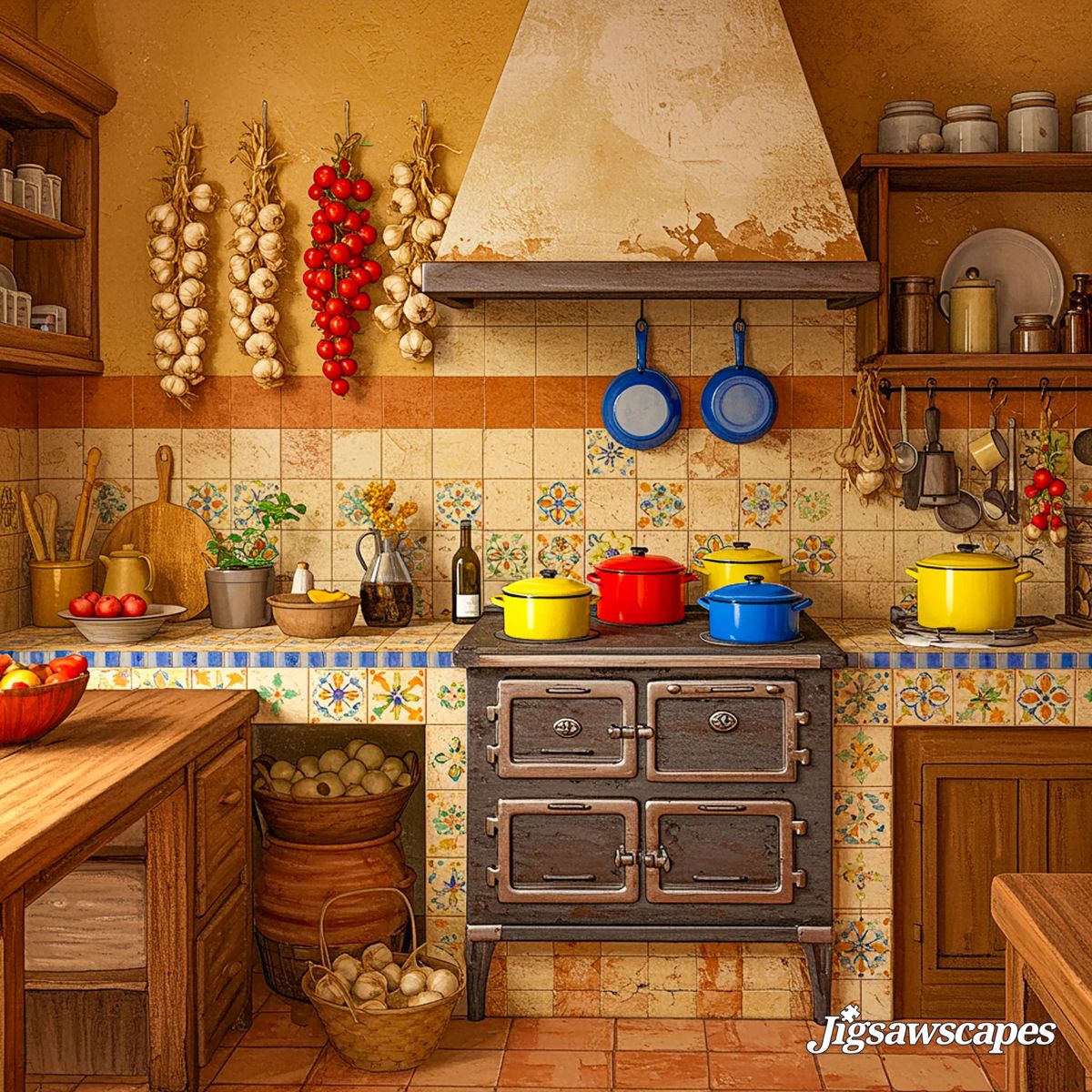 Rustic kitchen with vintage stove, colorful pots, hanging garlic, and tile backsplash
