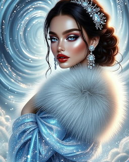 Digital portrait of glamorous woman wearing crystal tiara, fur stole, and glittering blue dress withicy swirl background