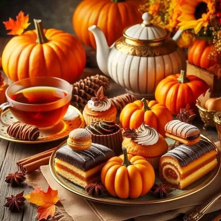Autumn tea party with pumpkin desserts, teapot, cup of tea, and fall decorations on wooden table