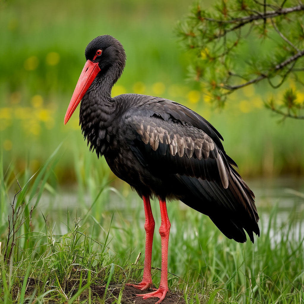 Black stork with red beak and legs standing in wetland grass