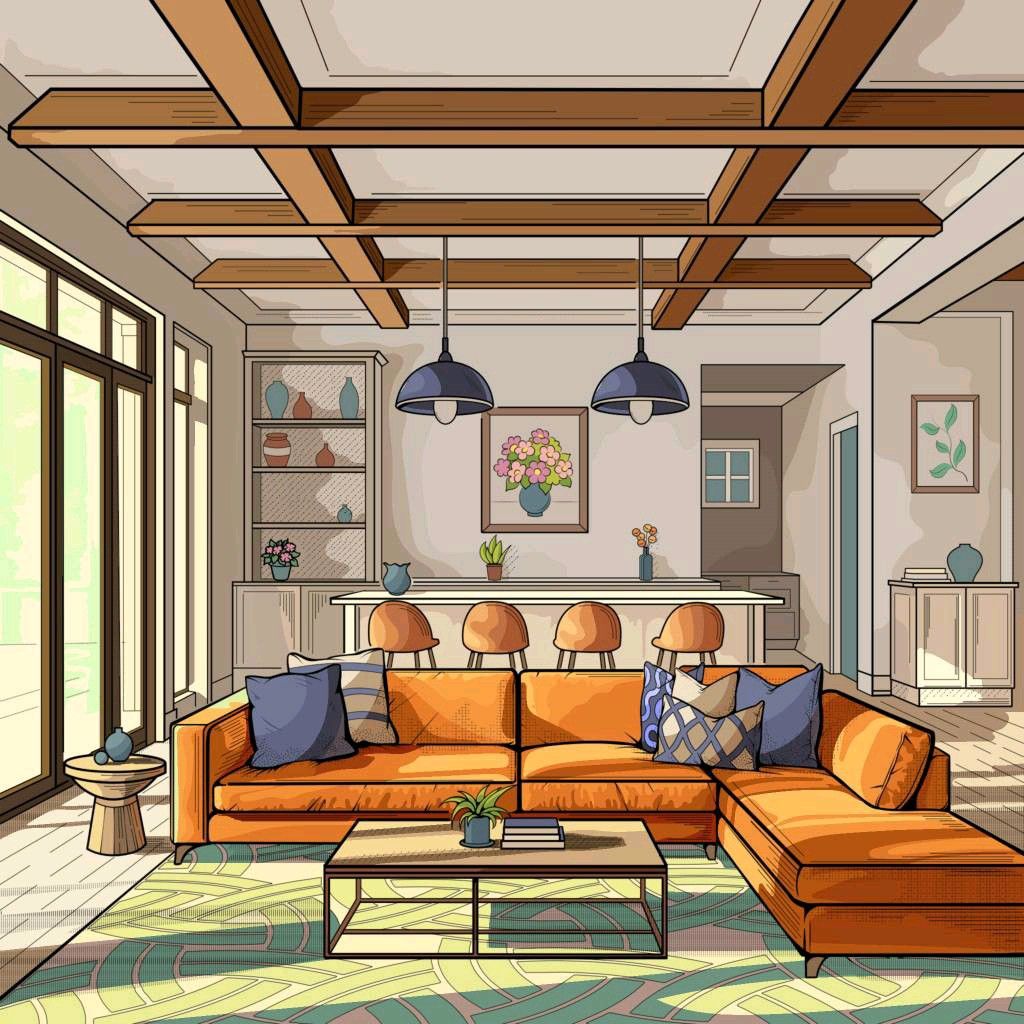Illustration of a modern living room with an orange sectional sofa, coffee table, and large windows