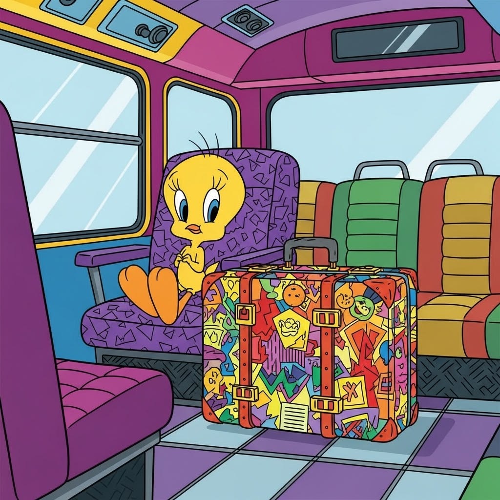 Tweety Bird sitting on a purple train seat beside a colorful patterned suitcase