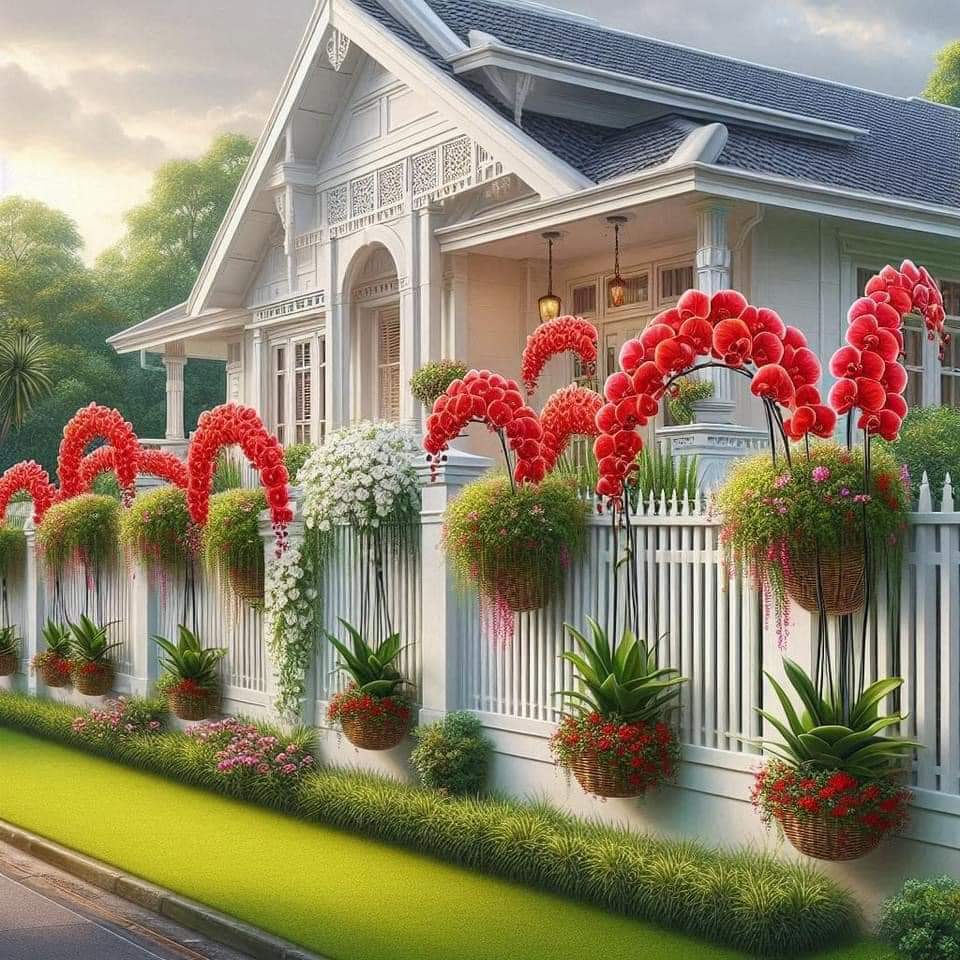 White cottage with white picket fence decorated with vibrant red and white floral arches and hanging planters