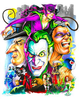 Colorful comic book illustration of Gotham City villains including Joker, Catwoman, Riddler, Penguin, and Two-Face