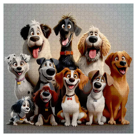 Group of animated cartoon dogs with happy expressions posed together