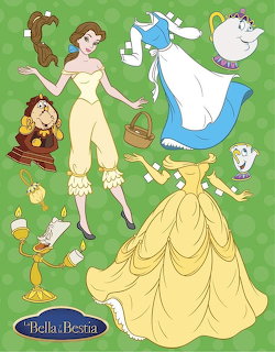 Belle paper doll with yellow gown, blue dress, accessories, and Beauty and the Beast characters