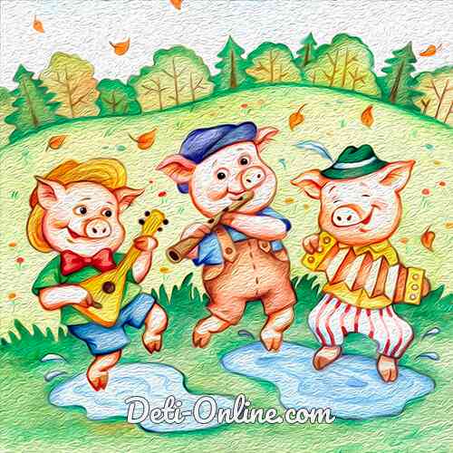 Illustration of three cartoon pigs dancing and playing instruments on a grassy hill