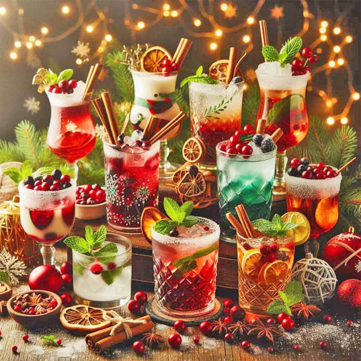 Festive holiday drinks with berries, citrus, mint, and cinnamon on a decorated table