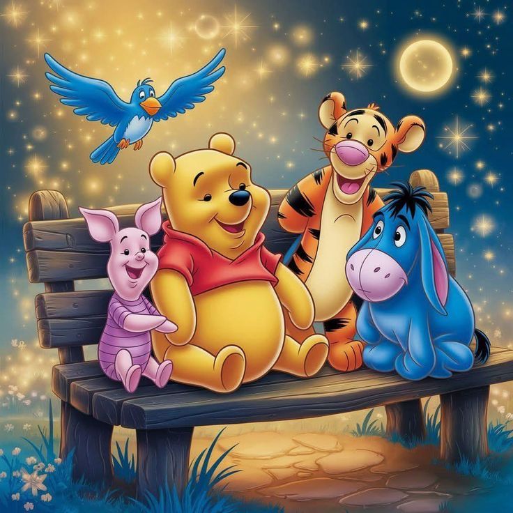 Winnie the Pooh and friends sitting together on a wooden bench under a full moon in a starry night scene