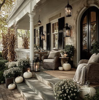 Front porch decorated with white pumpkins, fall flowers, hanging lanterns, and wicker seating