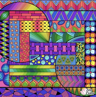 Colorful abstract art with geometric patterns, stripes, circles, and zigzag designs in vivid rainbow colors