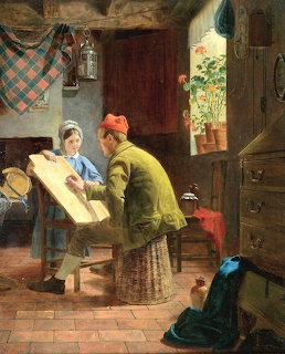 Painting of a man teaching a young girl at a writing desk in a rustic interior