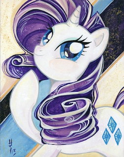 Illustrated white unicorn Rarity from My Little Pony with purple mane and diamond cutie mark