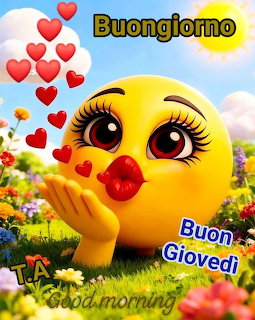 Yellow kissing emoji with eyelashes, red hearts, flowers, and greeting text on a bright sky background