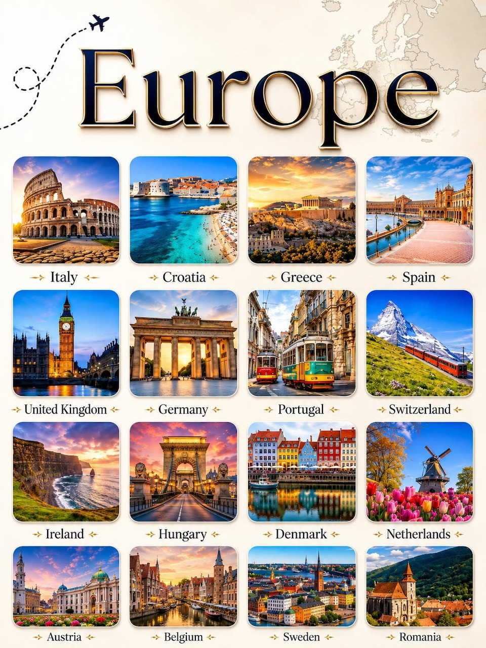Collage of European landmarks and city views with the word Europe above labeled country photos
