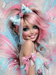 Fantasy fairy illustration in pink and blue colors with wings