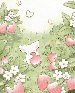 Cute white cat holding a strawberry in a garden withberry plants, flowers, and butterflies