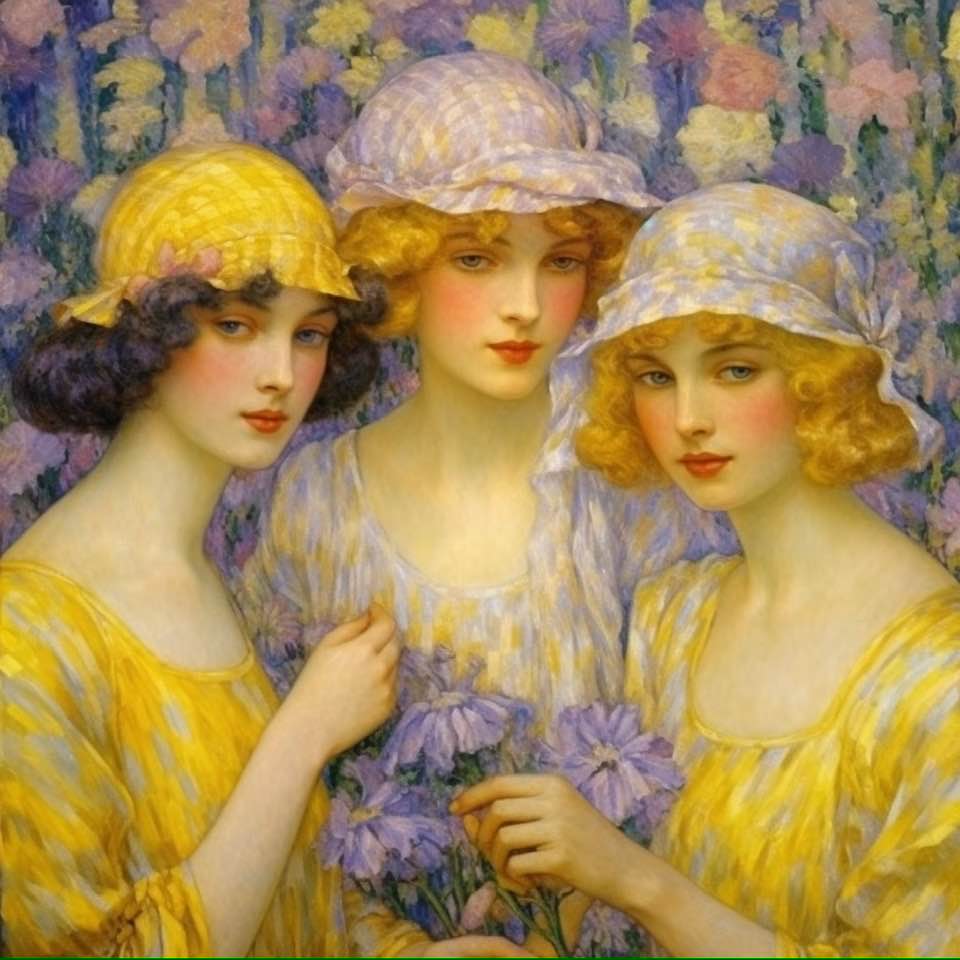 Painting of three young women in hats and yellow dresses holding purple flowers